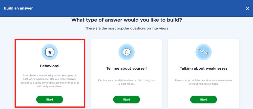 Screenshot of Big Interview Answer Builder - Selecting Behavioral