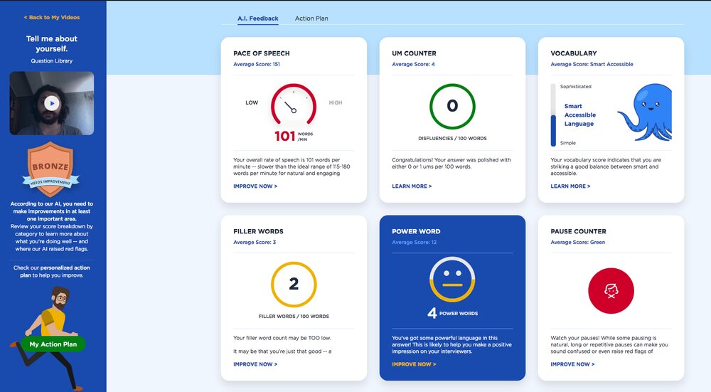 This is an image of Big Interview's Mock Interview Simulator A.I. Feedback Page
