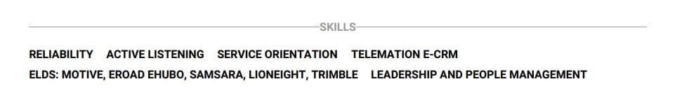 Skills section for a Customer Service Representative