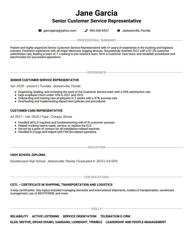 Customer Service Resume Example for an Experienced Candidate (5+ Years of Experience)