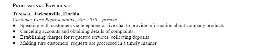Customer service representative resume: bad example of the work experience section