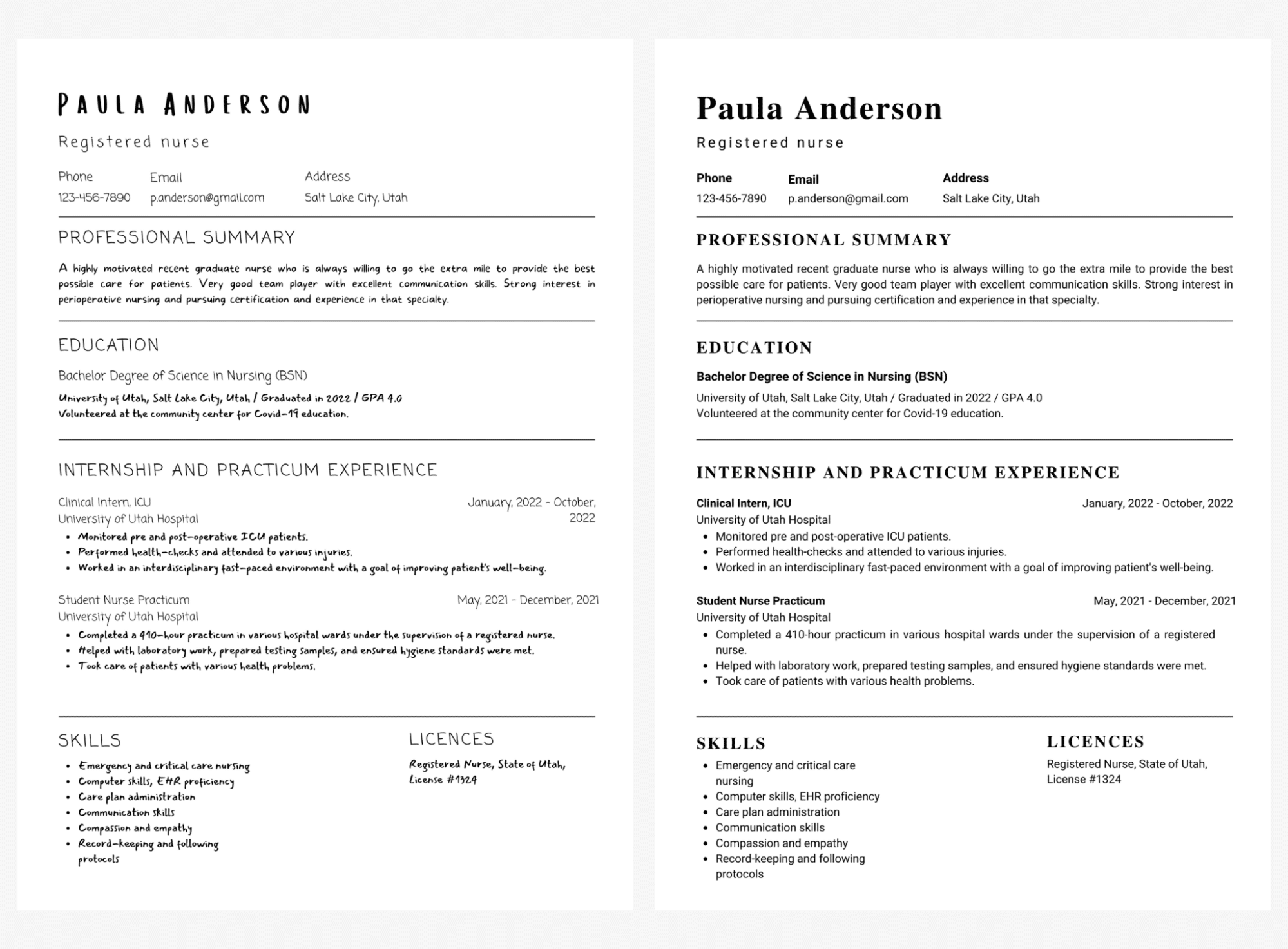 Nursing resume comparison