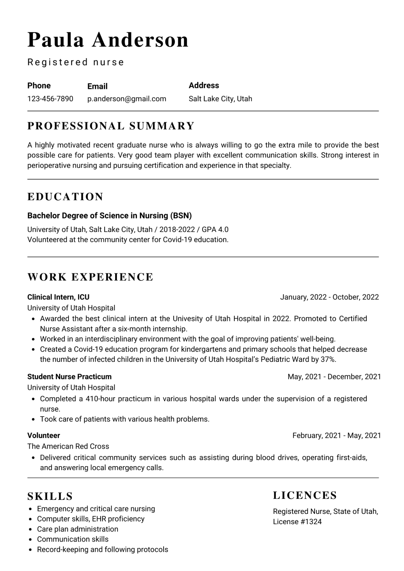 Nursing resume for a recent grad