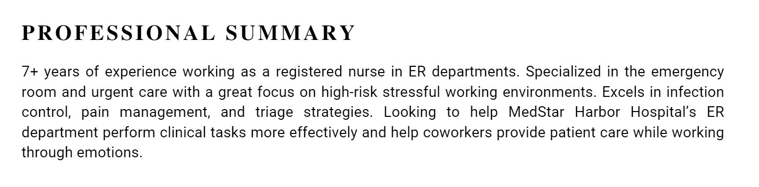 Professional summary for a nurse: good example