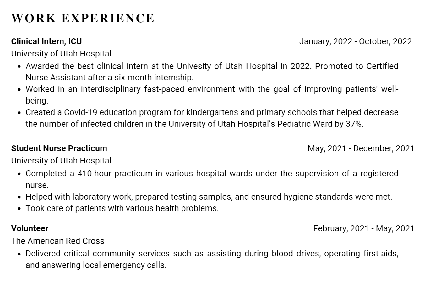 Nursing resume work experience: good example