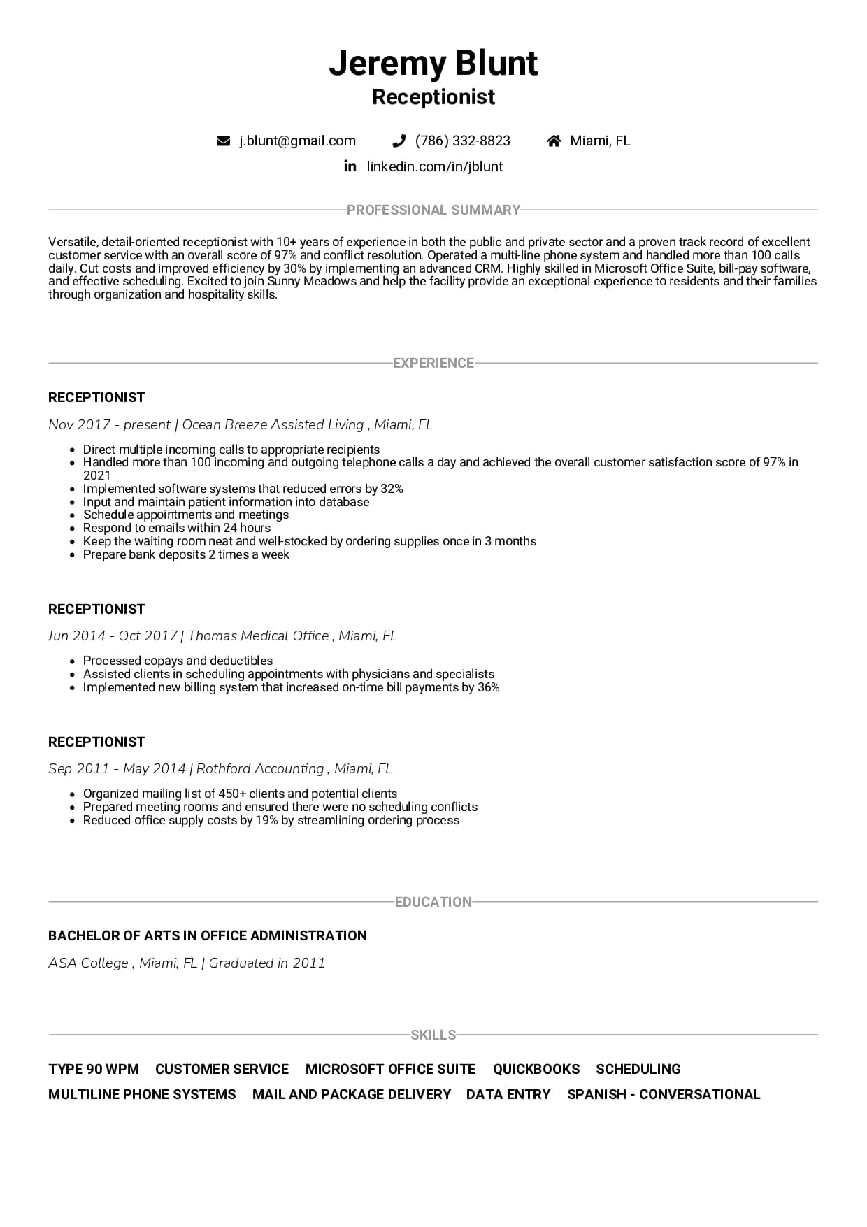 Receptionist Resume Example