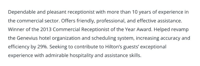 Example of a receptionist resume summary