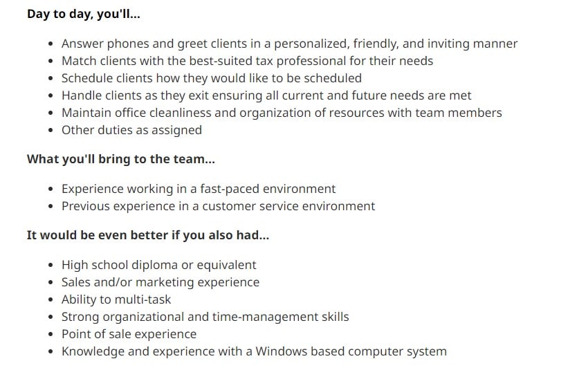 Job ad example: receptionist