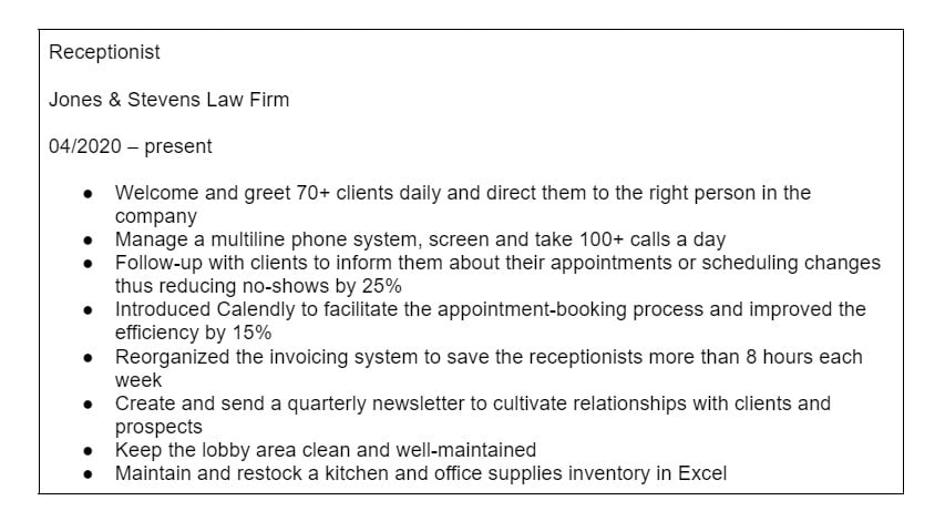Receptionist resume: Work history section