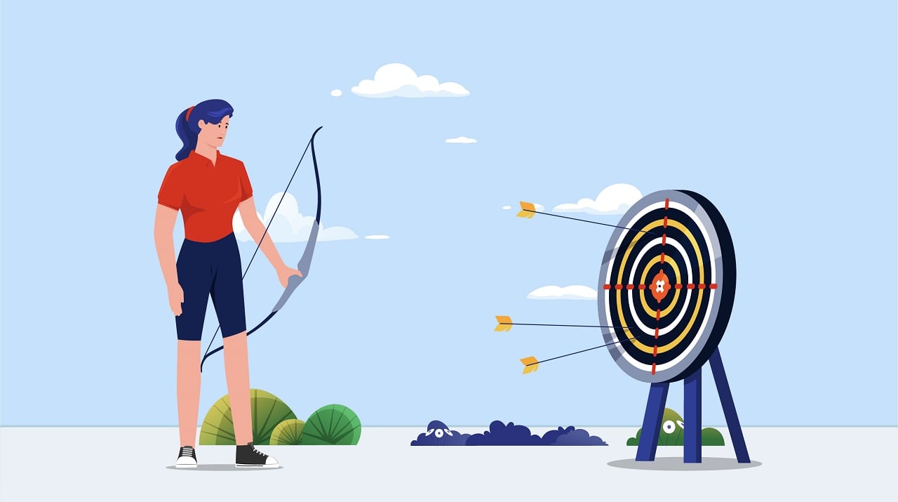 "Tell me about a time you failed." A woman thinking about the time she missed the bull's eye of her target with her arrows.