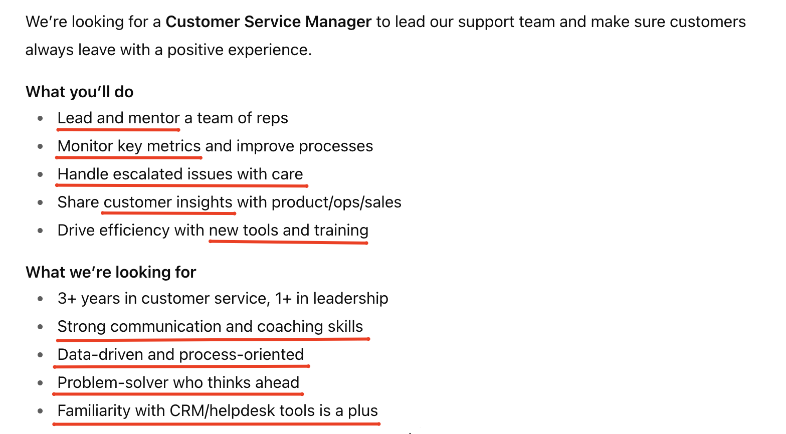 CS Manager job ad