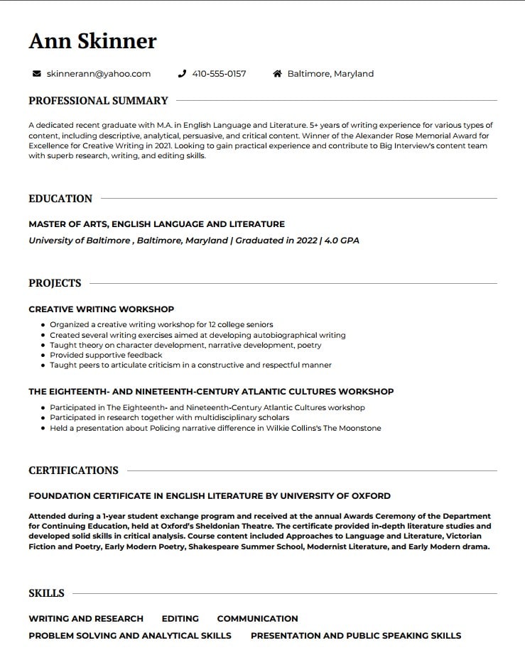Sample resume: recent grad