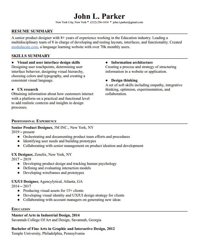 Functional resume format sample