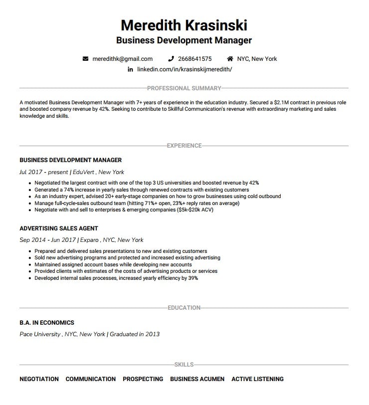 Business Development Representative resume example