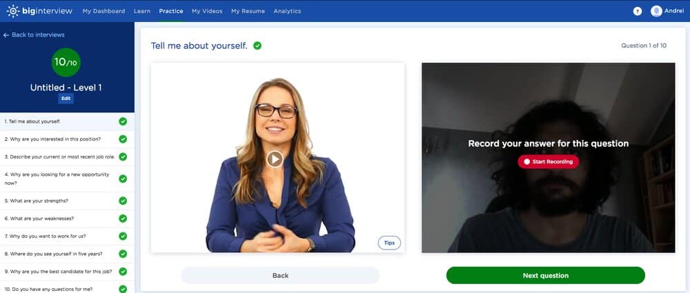 This is a picture of Big Interview's Mock Interview Simulator. The interviewer is on the left and the candidate is on the right. Users of Big Interview may start recording their answer by pushing the red 'record' button.