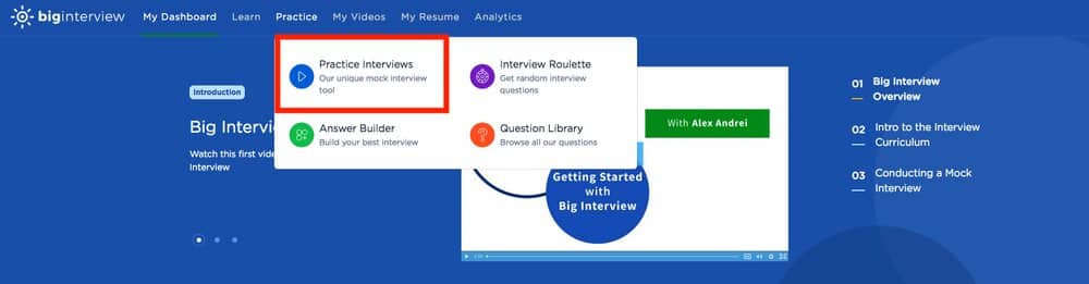 This is a photo showing how to select Big Interview's Mock Interview Simulator.
