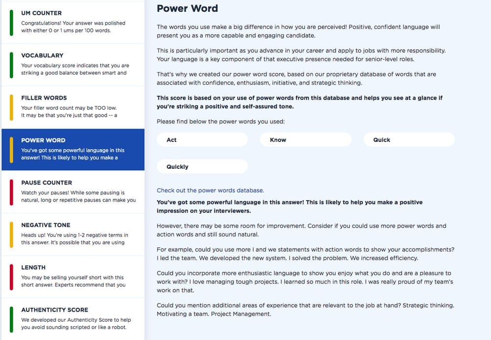 This is a picture of Big Interview's Mock Interview Simulator explaining power words.