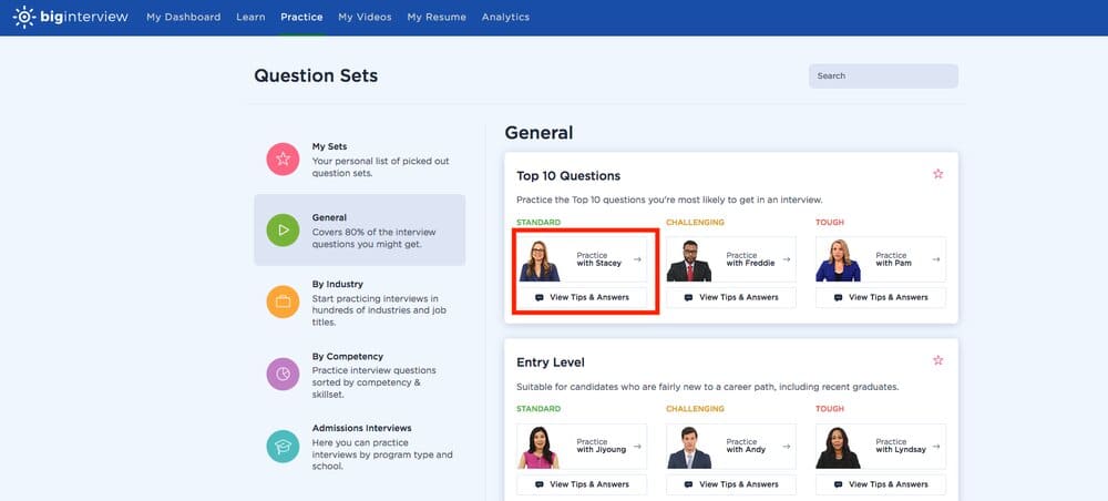 This is a photo showing how to select an interviewer for Big Interview's Mock Interview Simulator.