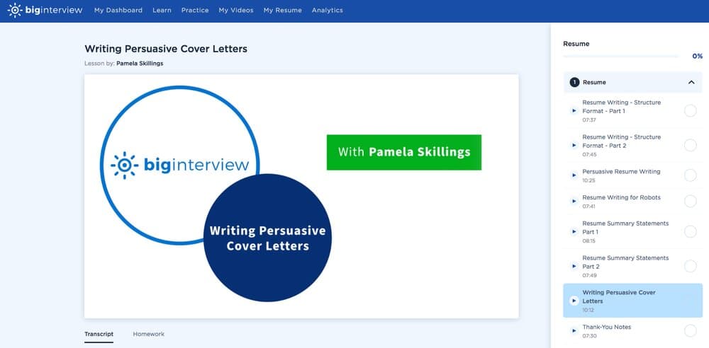 Cover Letter Examples - This is a photo of Big Interview's Resume Curriculum video lessons list. The selected lesson is 'Writing Persuasive Cover Letters'.