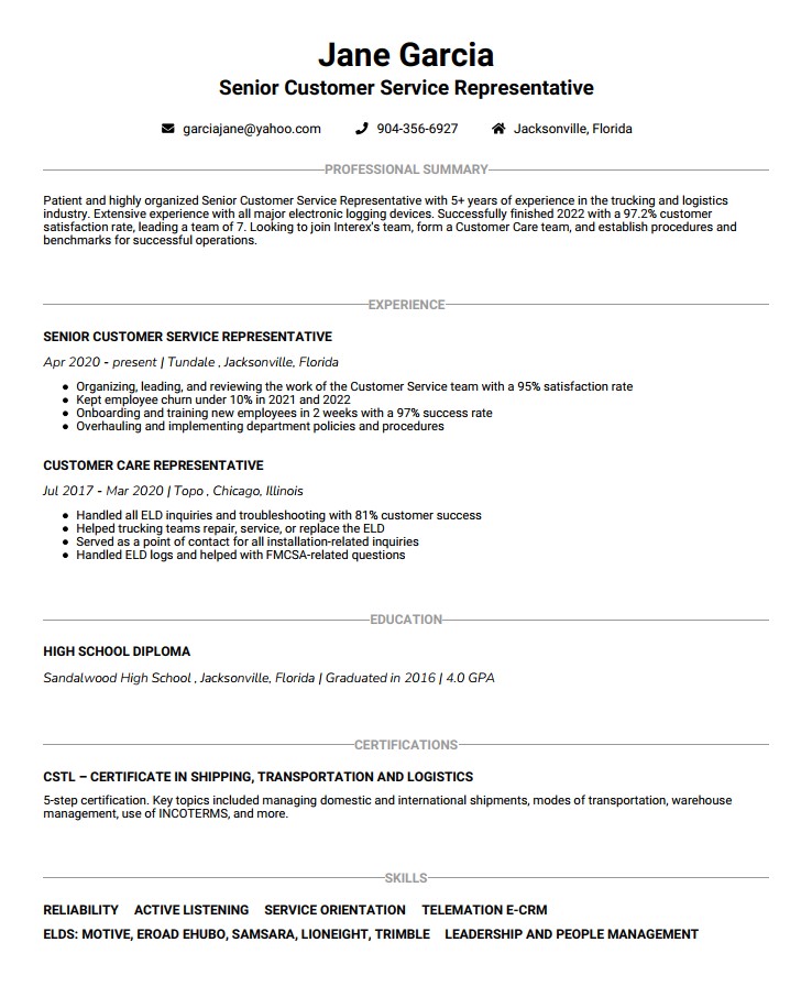 Customer service resume