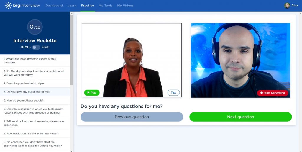 practice interview screenshot Big Interview practice tool